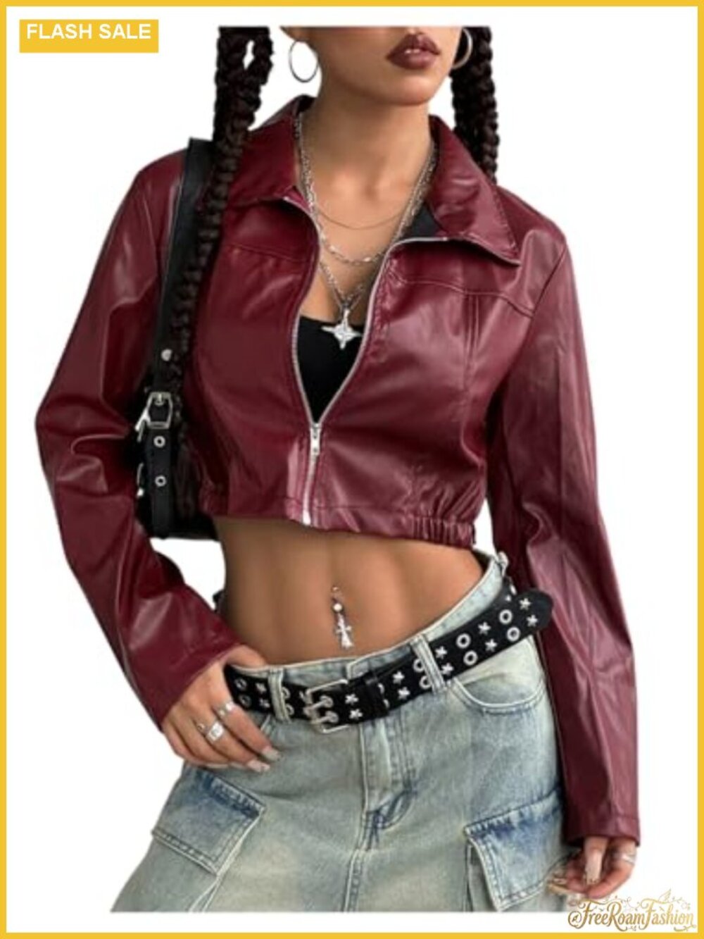 Faux Leather Moto Jacket Cropped Bomber Zip Front Concert Top